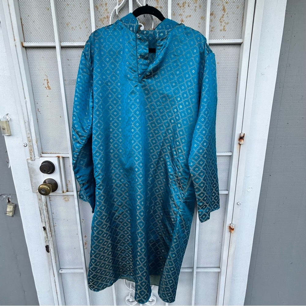 Men's Kurta vibrant teal blue 46 made of decorative jacquard silk ethnic pockets